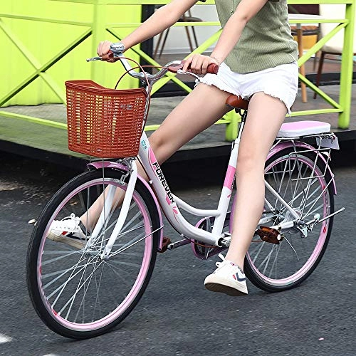 Comfort Bike : YZSL Urban Retro Bicycle, Outdoor Cycling Retro Frame Adult Bicycle with Red Basket Travel Commute 24 Inch Bike Adult Student, pretty pink
