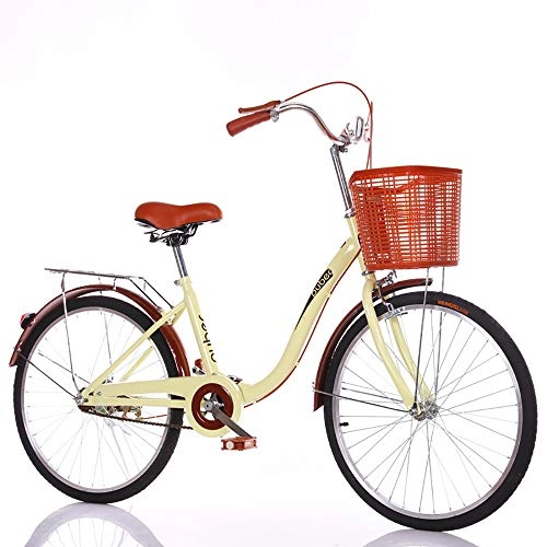 Comfort Bike : ZHIPENG Commuter Bike, 24 Inches City Leisure Bicycle Retro Bike, with Basket And Bicycle Light Mens Women City Bicycle for Outdoor Urban, Beige