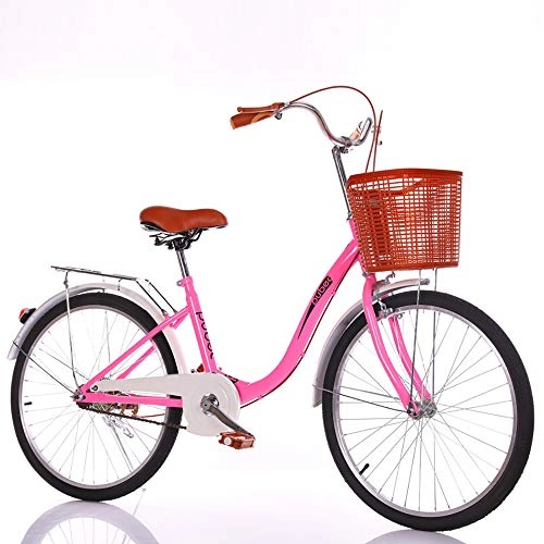 Comfort Bike : ZHIPENG Commuter Bike, 24 Inches City Leisure Bicycle Retro Bike, with Basket And Bicycle Light Mens Women City Bicycle for Outdoor Urban, Pink