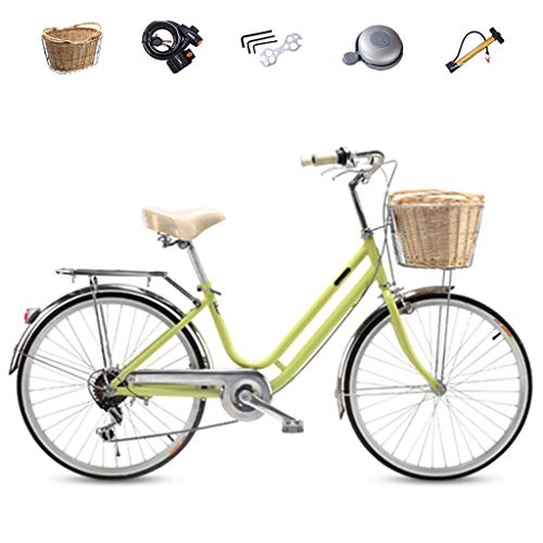 Comfort Bike : ZXLLO Womens Bike 6-speed Shimano 24in Wheel City Bike Suitable For Commuting And Playing With Imitation Rattan Basket, Green