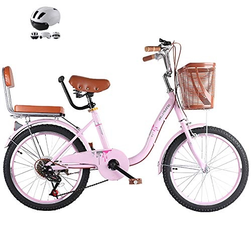 Comfort Bike : ZZD 20 22 24-inch City Comfort Bike, 6-speed Carbon Steel Commuter Bike with Child Back Seat and Rubber Tires, for Outdoor Cycling, Work, Outing, Etc, Pink, 20in