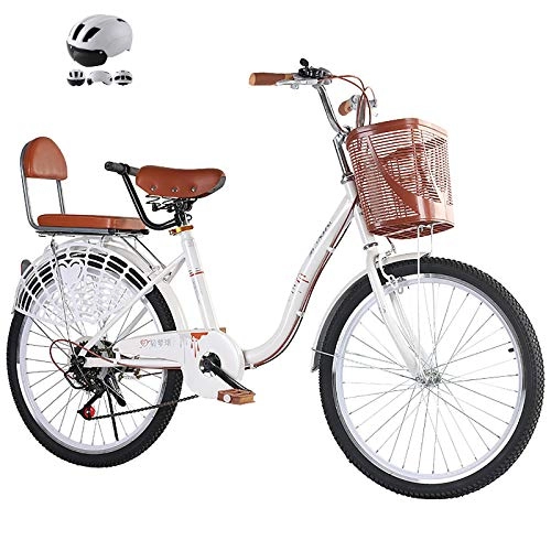 Comfort Bike : ZZD 20 22 24-inch City Comfort Bike, 6-speed Carbon Steel Commuter Bike with Child Back Seat and Rubber Tires, for Outdoor Cycling, Work, Outing, Etc, White, 24in