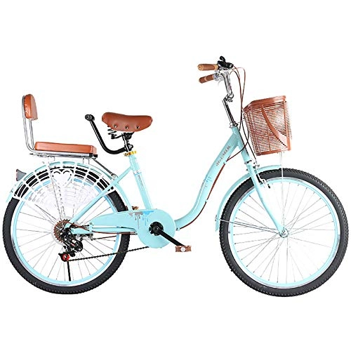 Comfort Bike : ZZD 20 22 24-inch Parent-child Comfortable Bicycle, 6-speed City Commuter Bicycle with Dual Brakes and Enlarged Front Basket, for Outdoor Outings, Blue, 24in