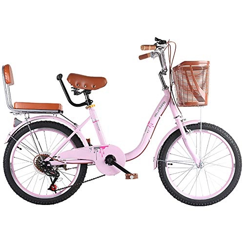 Comfort Bike : ZZD 20 22 24-inch Parent-child Comfortable Bicycle, 6-speed City Commuter Bicycle with Dual Brakes and Enlarged Front Basket, for Outdoor Outings, Pink, 22in