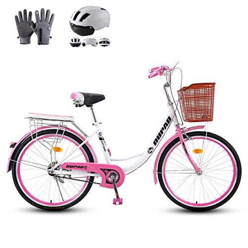 Comfort Bike : ZZD 20 24 26 inch Adults City Leisure Bicycle, High Carbon Steel Frame Commuter Ladies Bike with Dual Brakes and Comfortable Seats for Outdoor Cycling, Pink, 20in