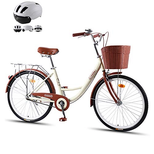 Comfort Bike : ZZD 20 24 26 inchLady's Urban Bike, Vintage Bike Classic Bicycle Retro Bicycle Leisure Women's and Men's Bicycle with Helmet and Dual Brakes, Beige, 20in