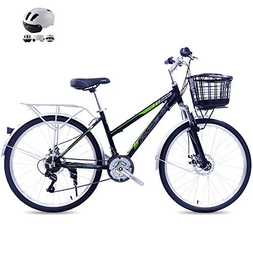 Comfort Bike : ZZD 21-Speed Adult City Commuter Bike with Helmet, 26-inch Retro Comfortable Bike with Dual Disc Brakes and 7-level Positioning Tower Wheels, Green