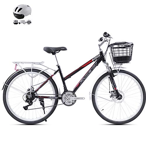 Comfort Bike : ZZD 21-Speed Adult City Commuter Bike with Helmet, 26-inch Retro Comfortable Bike with Dual Disc Brakes and 7-level Positioning Tower Wheels, Red