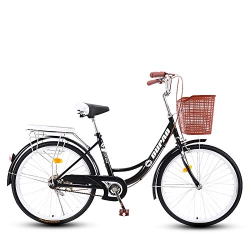 Comfort Bike : ZZD 24 / 26 Inch Ladies Carbon Steel City Commuter Bike, Retro Classic Adult Bike with Large Capacity Shopping Basket and Dual Brakes, for Outdoor Cycling, Black, 24in
