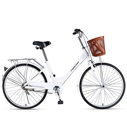 Comfort Bike : ZZD 24-inch Women's Comfortable City Bike, Unisex Commuter Bike, with Basket and Bells, Lightweight Aluminum Alloy Bike for Work and Outdoor Cycling, White