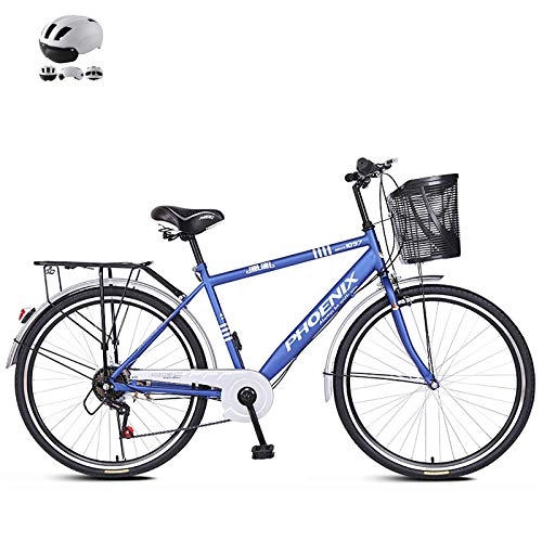 Comfort Bike : ZZD 26-inch 7 Speed City Commuter Bike, Turn Handlebar to Change Speed, Ladies Comfortable Cruiser Bike with Dual Brakes and Helmet, for Outdoor and Work, Blue