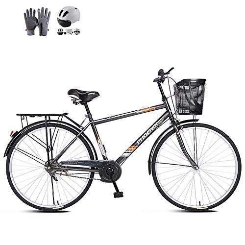 Comfort Bike : ZZD Carbon Steel Adult Comfort Bike with Helmet, Men's Women's 26-inch City Commuter Bike with Warm Gloves, Rear Seat Frame and Dual Brakes, Glass Black