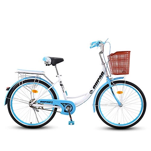 Comfort Bike : ZZD Lady's Urban Bike, Vintage Bike Classic Bicycle Retro Bicycle, Women's and Men's Leisure Bicycle with Front basket and back seat, Blue, 24in