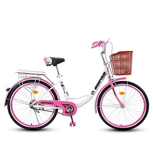 Comfort Bike : ZZD Lady's Urban Bike, Vintage Bike Classic Bicycle Retro Bicycle, Women's and Men's Leisure Bicycle with Front basket and back seat, Pink, 26in