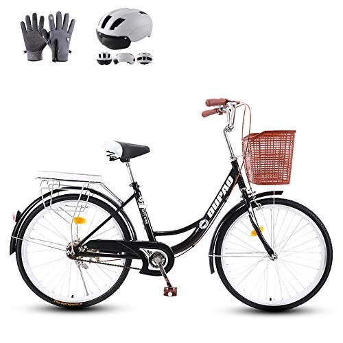 Comfort Bike : ZZD Men's and Women's Carbon Steel City Commuter Bikes, 24 26 Inches Comfort Retro Bike with Warm Gloves, Helmet and Front Basket, Black, 24in
