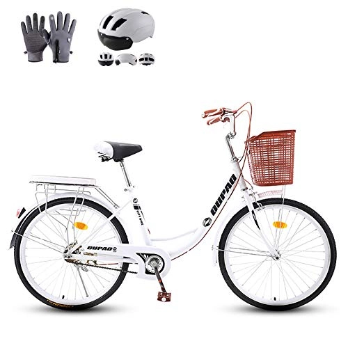 Comfort Bike : ZZD Men's and Women's Carbon Steel City Commuter Bikes, 24 26 Inches Comfort Retro Bike with Warm Gloves, Helmet and Front Basket, White, 26in