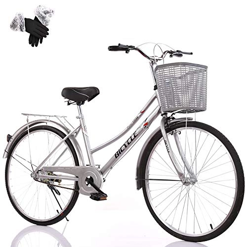Comfort Bike : ZZD Women's Shopping Commuter Bike, Light Retro City Comfortable Bike with Front Basket and Double Brakes, for Outings and Commuting, Silver, 26in