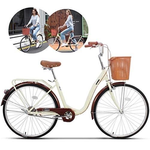 Cruiser Bike : 24" Women's Bike, Ladies Cruiser Bike with Basket, Student Traditional Classic Lifestyle Bike Urban Road Frame Cycle 6-Speed Drivetrains Alluminum Frame, Drivetrain, Beige