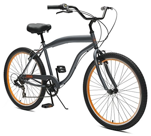 Cruiser Bike : Critical CyclesChatham Beach Mens' Cruiser Bike Graphite / Orange, 26" inch steel frame, 7 speed promax alloy v-brakes wide tires, cushy saddle, and soft foam grip