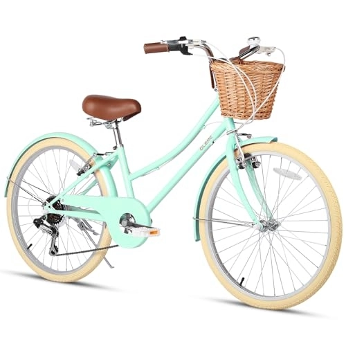 Cruiser Bike : Glerc 24 Inch Girls Cruiser Bike 6-Speed Cruiser Women's Hybird Bicycle for Ages 7 8 9 10 11 Years Old with Wicker Basket. Lightweight Frame and Fork, Mint Green