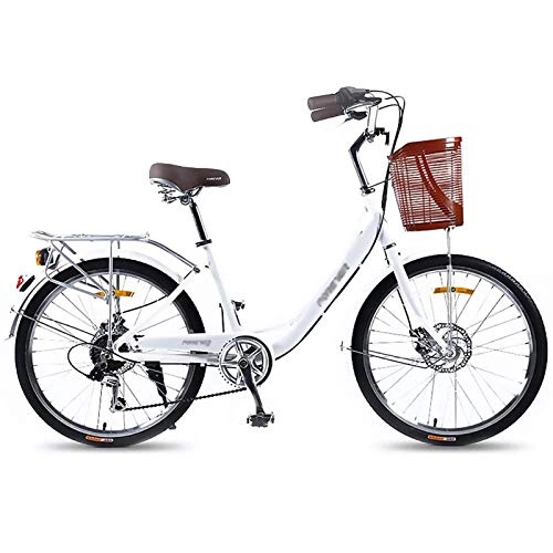 Cruiser Bike : GOLDGOD 24 Inches 7 Speeds City Bike Leisure Cruiser Bikes with Basket And Double Disc Brake Vintage Design City Bicycle Adjustable Seat And Handlebar Height, White