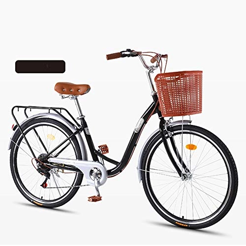 Cruiser Bike : HWOEK Mens Women Adults Bicycle, Adjustable Seat 24 / 26 Inch Urban Retro Bicycle High-Carbon Steel Frame Single Speed 7 Speed Optional with Basket, Black, A1