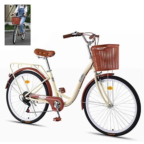 Cruiser Bike : Lady's Bikes, Women Traditional Classic Urban Bike with Basket Vintage Bike Classic Bicycle Retro Bikes Lifestyle Cruiser Bike for Adults Young People Student, Beige, 24