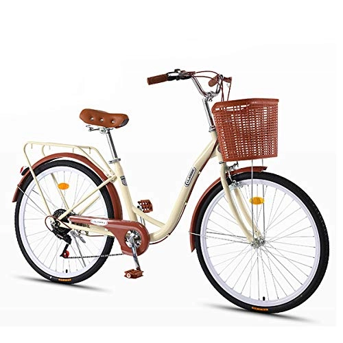 Cruiser Bike : Lady's Urban Bike 7 Speed, Vintage Bike Classic Bicycle Retro Bicycle Leisure Women's And Men's Bicycle Dutch Bike Adults Young People Student, Beige, 24