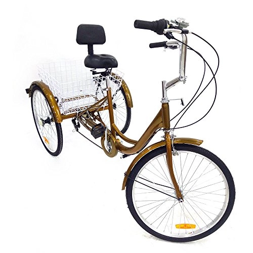 Cruiser Bike : LianDu 24" Golden 3-Wheel Bike Adult Tricycle 6-Speed Shopping Tricycle Cruise Bike for Old Man (Gold)