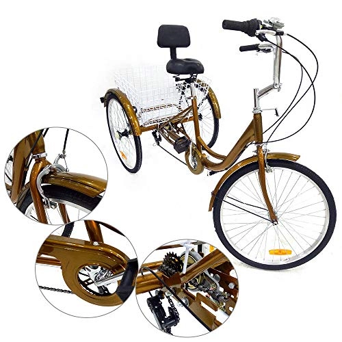 Cruiser Bike : MOMOJA Adult Tricycle 6 Speed 24 Inch Three Wheel Bike Cruiser Trike Three Wheel Bike Cruiser Trike for Men Women Seniors Young (Gold With Light)