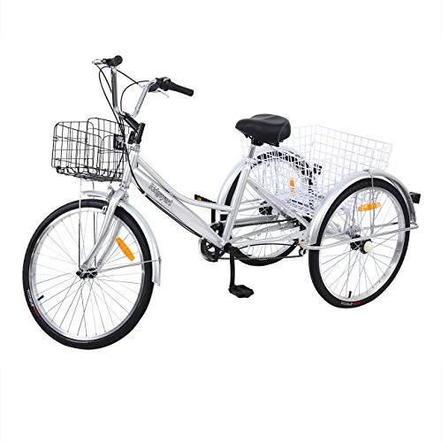 Cruiser Bike : MuGuang Adult Tricycles 24 Inches 7 Speed 3 Wheel Adult Trike Bike Cycling Pedal with Shopping Basket (Silver)