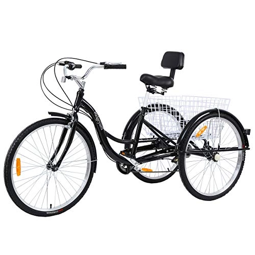 Cruiser Bike : MuGuang Adult Tricycles 26 Inches 7 Speed 3 Wheel Adult Trike Adult Bike Cycling with Shopping Basket (Black Color)