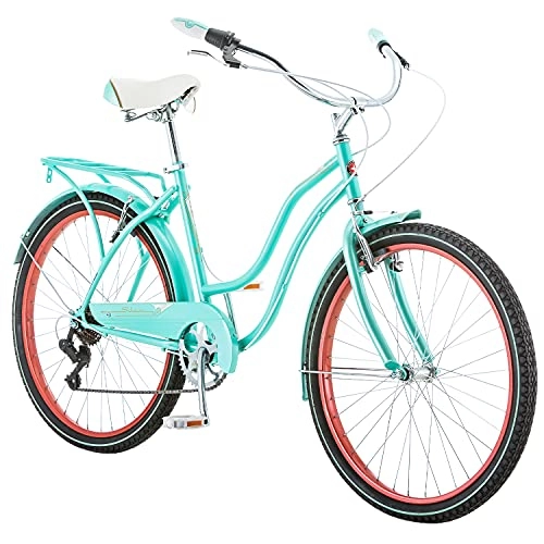 Cruiser Bike : Schwinn Perla Women's Cruiser Bicycle, Featuring 18-Inch Step-Through Steel Frame and 7-Speed Drivetrain with Front and Rear Fenders, Rear Rack, and 26-Inch Wheels, Blue