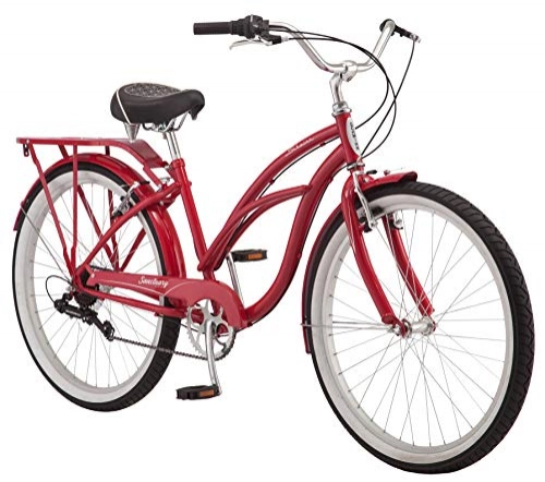 Cruiser Bike : Schwinn Sanctuary 7 Comfort Cruiser Bike, Featuring Retro-Styled 16-Inch / Small Steel Step-Through Frame and 7-Speed Drivetrain with Front and Rear Fenders, Rear Rack, and 26-Inch Wheels, Red