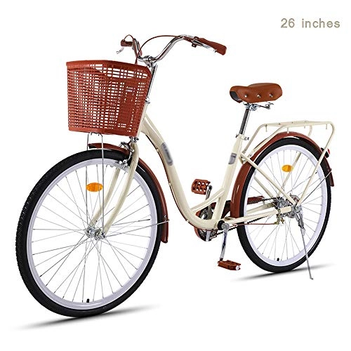 Cruiser Bike : Single Speed Beach Cruiser Bike, Comfortable Commuter Bicycle High-Carbon Steel Frame 24-Inch / 26-Inch Wheels Multiple Colors, Rice coffee color, 26 inches