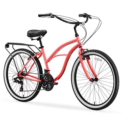 Cruiser Bike : sixthreezero Around The Block Women's 21-Speed Beach Cruiser Bicycle, 26" Wheels, Coral Pink with Black Seat and Grips