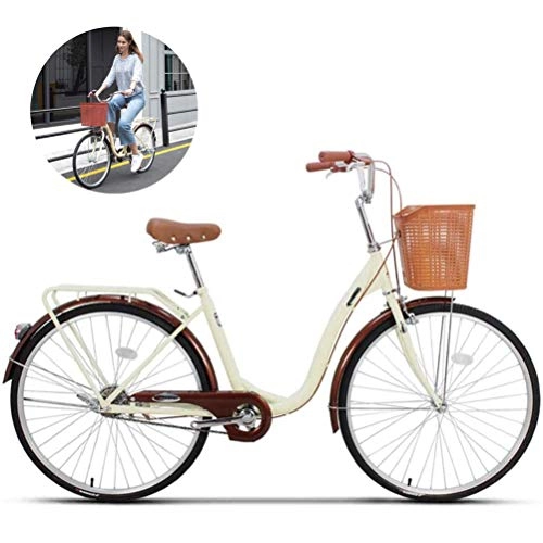 Cruiser Bike : Women's Bikes, Student Cruiser Bike with Basket, Traditional Classic Ladies Lifestyle Bike Urban Road Frame Cycle 6-Speed Drivetrains Alluminum Frame, Drivetrain, Beige, 20Inch