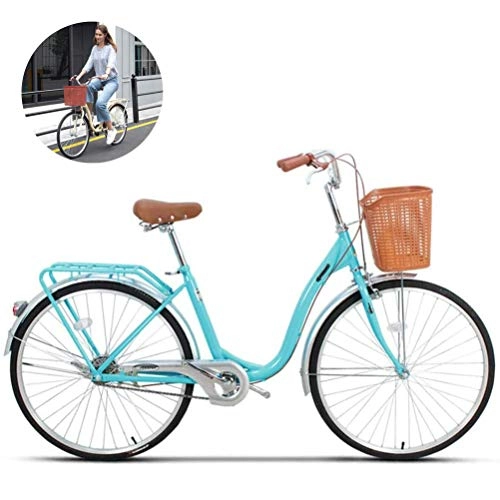 Cruiser Bike : Women's Bikes, Student Cruiser Bike with Basket, Traditional Classic Ladies Lifestyle Bike Urban Road Frame Cycle 6-Speed Drivetrains Alluminum Frame, Drivetrain, Blue, 24Inch