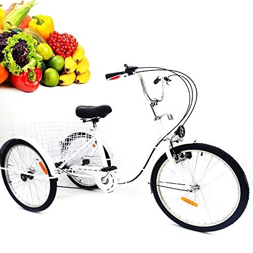 Cruiser Bike : YIYIBY Tricycle 6 Speed 3 Wheel Bike Trike Bicycle Cycling Pedal with Shopping Basket for Adult Outdoor Sports 24'' White