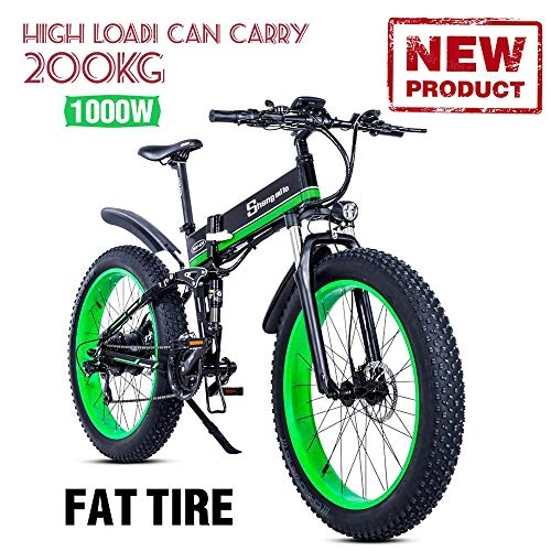 Electric Bike : 1000W Electric Bicycle Genuine 4.0 Fat Tire Electric Bike 48V Mens Mountain Bike Snow Ebike 26inch Bicycle With Safety Certificate Black+Green