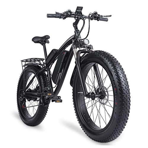 Electric Bike : 1000W Electric Bike for Adults 26" Fat Tire Mountain Beach Snow Bicycles Aluminum Electric Scooter with Detachable Lithium Battery 48V 17AH Up to 24.8 MPH 21 Speed Gear E-Bike (Color : Black)
