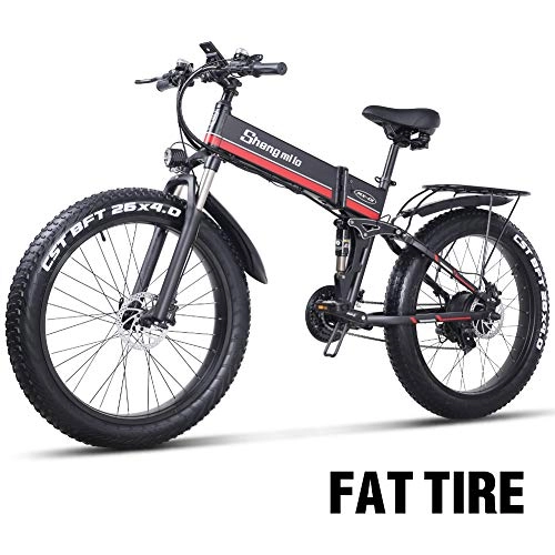 Electric Bike : 1000W Fat Electric Bike 48V Mens Mountain E bike 21 Speeds 26 inch Fat Tire Road Bicycle Snow Bike Pedals with Hydraulic Disc Brakes and Full Suspension Fork (Removable Lithium Battery)