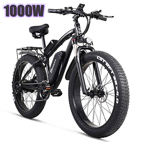 Electric Bike : 1000W Fat Tires Electric Bikes for Adults 26'' Mountain Electric Bicycle City E Bikes 48V 17AH Removable Lithium Battery 21 Speed Gears with Electric Lock Fast Battery Charger, Black, One batteries