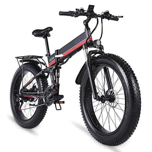 Electric Bike : 1000w Foldable Electric Bike 28 Mph Electric Bicycle 26 Inch Fat Tire with Lcd Display 48v Removable Lithium Battery E Bikes for Adults (Color : Red, Speeds : 21)