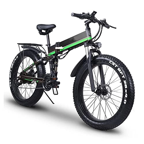 Electric Bike : 1000W Foldaway Ebike 26" Fat Tire Electric Bicycle 48V 12.8AH Lithium Battery 21 Speed Beach-Bike Commute Ebike for Adults Female Male (Color : Green)