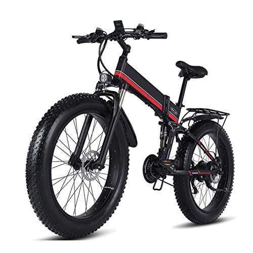 Electric Bike : 1000W Foldaway Ebike 26" Fat Tire Electric Bicycle 48V 12.8AH Lithium Battery 21 Speed Beach-Bike Commute Ebike for Adults Female Male (Color : Red)