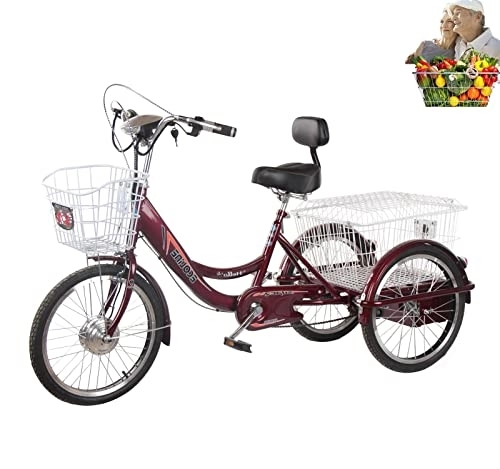 Electric Bike : 20 Inch Electric Tricycle for Adults, Three Wheel Bicycle for Elderly People with Rear Basket, Pedal Tricycle Riding Seat + Backrest, Battery Life 45 km (Color : Red, Size : EU 20)