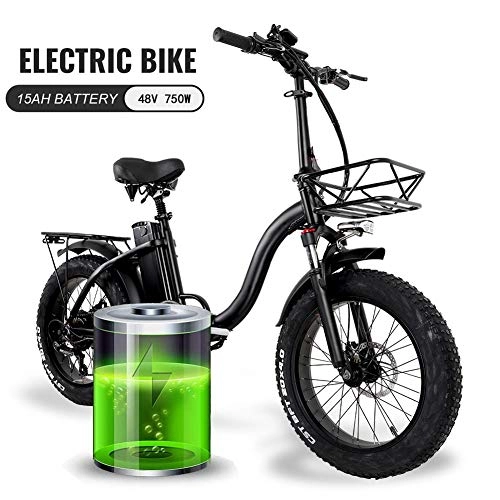 Electric Bike : 20 inch Folding Electric Snow Bike, 4.0 Fat Tire Mountain E-bike with 48V 750W 15Ah Lithium Battery, City Bicycle Booster with Basket and Rear Seat