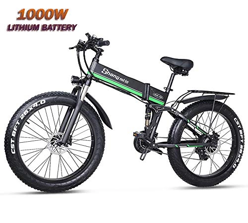 Electric Bike : 21 Speed Fat Tire Electric Bicycle Snow Bike 26 Inch Motorcycle E Bike 1000w 48v Electric Folding Bike Mountain Adult Bicycle Brake Type Front And Rear Disc Brakes Black+Green