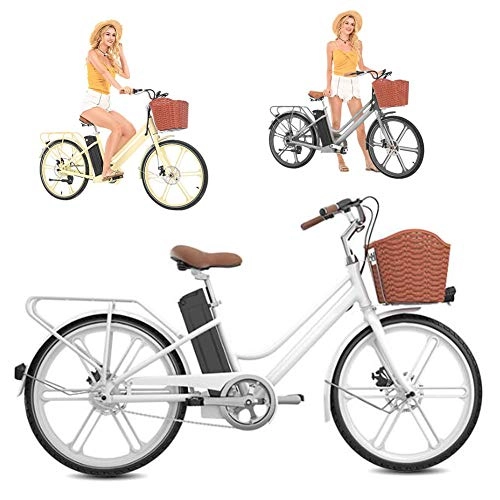 Electric Bike : 24'' Women Electric Bike, City Bike Lightweight Removable 36V 10AH Large Capacity Lithium-Ion Battery 250W for Sports Outdoor Cycling Travel Commuting, White